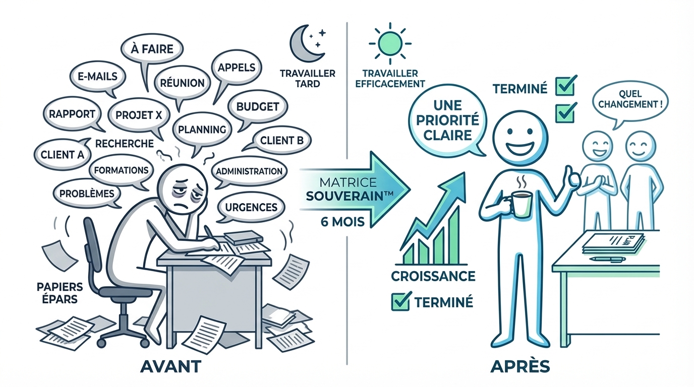 Avant la Matrice : surcharge mentale, papiers épars. Après 6 mois : priorité claire, croissance, équipe alignée.